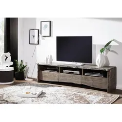 TV-Board Akazie 191x45x50 grau lackiert - Elegantes TV-Lowboard aus massivem Akazienholz mit geschwungener Baumkante. Bietet viel Stauraum in 3 offenen Fächern und 3 Schubladen. Ideal für HiFi-Geräte und Deko. Entdecken Sie die gesamte PURE ACACIA Möbelserie!