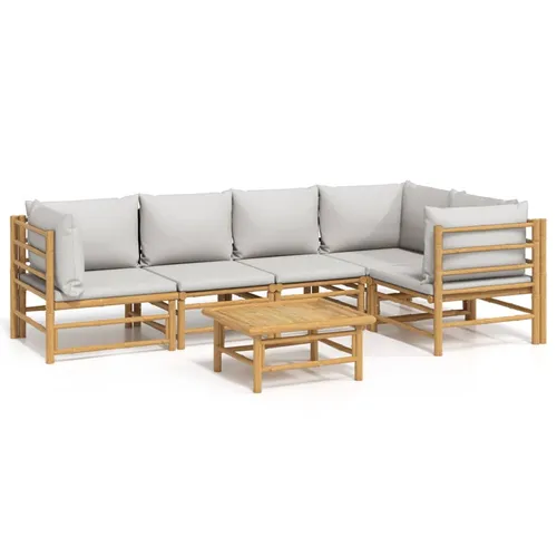 vidaXL 6-tlg. Garten-Lounge-Set mit Hellgrauen Kissen aus Bambus - Elegantes Gartenmöbel-Set aus robustem Bambus, ideal für entspanntes Sitzen im Freien. Mit bequemen, dick gepolsterten Kissen und praktischem Tisch für Speisen und Getränke.
