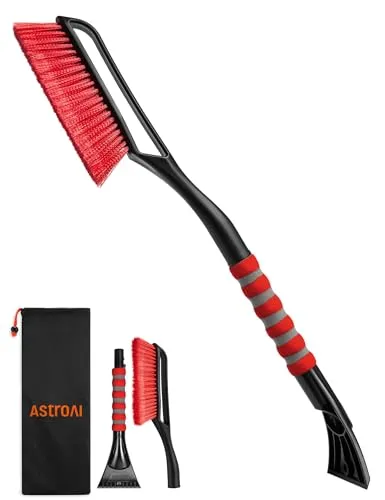 AstroAI Eiskratzer Auto mit Besen Schneebesen Abnehmbarer 68CM Lang mit große Kante Borsten & Ergonomischem Schaumstoffgriff & Langlebiger Scheibenkratzer lackschonend für Auto Rot