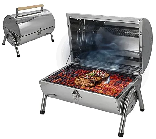 Edelstahl BBQ Holzkohlegrill mit großer Doppelgrillfläche Tischgrill Grill Klappgrill Grilltonne Silber Picknick Camping