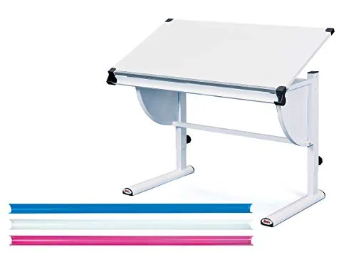 Inter Link Schülerschreibtisch Milo 3 in 1 in Weiß, Blau und Pink - Matratzen - Praktischer Schreibtisch mit drei austauschbaren Stifteablagen in Blau, Weiß und Rosa, ideal für den Schulalltag Ihres Kindes.