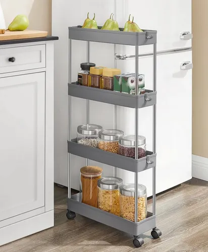 SONGMICS Beistellwagen mit 4 Ebenen und 6 Haken - Beistellwagen aus robustem PP-Kunststoff und Edelstahl, ideal für platzsparende Aufbewahrung in Küche, Bad oder Büro. Maximale Belastbarkeit: 16 kg.