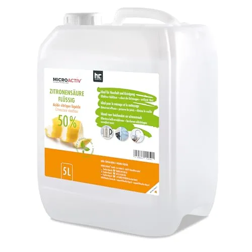 Zitronensäure 50% flüssig Entkalker 5 L Kanister - Reinigungsmittel für effektive Entkalkung von Geräten wie Wasserkochern und Kaffeemaschinen. Biologisch abbaubar und hocheffektiv, schont Dichtungen und spart Geld im Vergleich zu teuren Entkalkerpatronen.