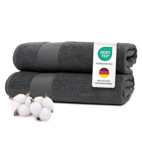 Wolkenfeld Badetücher Set 2-teilig Premium - 70x140-100% Low Twist Baumwolle 550 g/m², Badehandtuch groß – Ultra Weich & Saugfähig, Oeko-TEX Zertifiziert, 2 Große Duschtuch 70x140 cm, Dunkelgrau