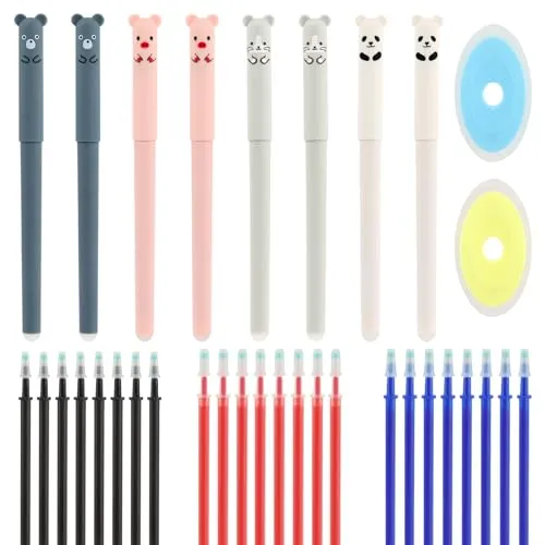 VFANDV Radierbarer Kugelschreiber, 8 Stück 0.35mm Gel Stift mit 24 Minen und 2 Radiergummis Kawaii Cartoon Löschbarer Stift Kugelschreiber Radierbarer Set für Studenten, Schule Bürobedarf