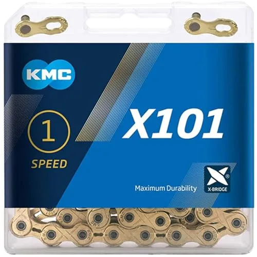 KMC X101 Kette, Ti-NI Gold, 112 Link - Fahrradketten mit einzigartiger Titan-Nitrid-Beschichtung für maximale Haltbarkeit und Effizienz. Ideal für Singlespeed, E-Bikes und BMX, leicht und robust mit nur 375g.