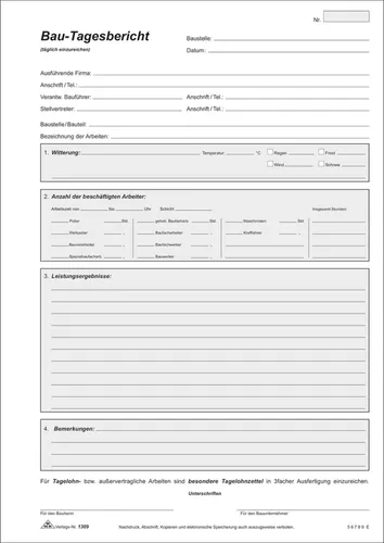 RNK Verlag Vordruck 'Bau-Tagesbericht' - DIN A4 Block - Praktischer Bau-Tagesbericht Block im DIN A4 Format, ideal für die Dokumentation von Bauprojekten, vielseitig einsetzbar und in verschiedenen Farben erhältlich.