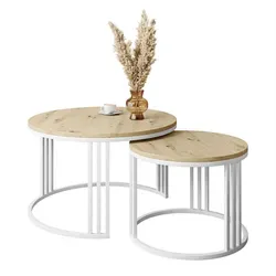 Lookway 2-in-1 Couchtisch Lori Loft, Rund, Hellbraun-Weiß - Moderne Couchtische im Loft-Stil mit stapelbarem Design für Platzersparnis und einzigartigen Charme. Metallgestell und Holzimitatplatten sorgen für stilvolle Akzente in Ihrem Wohnzimmer.