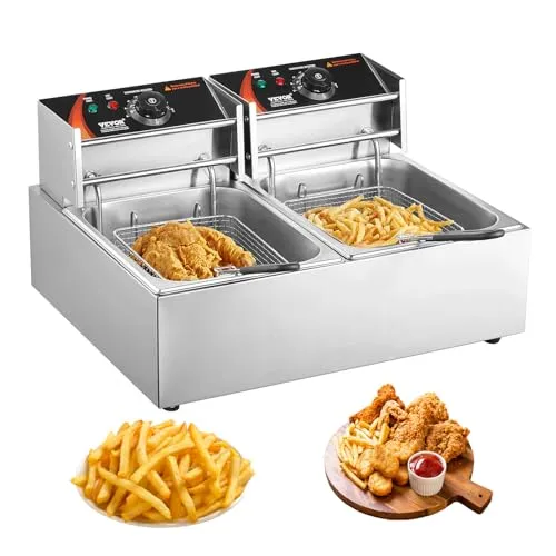 VEVOR Elektrische Edelstahl Fritteuse 24 L, Doppelter Tank Fritteuse Maschine 1500 W + 1500 W, inkl. 2 Frittierkörbe, 2 Abdeckungen, Kommerzielle Fritteuse für Restaurants, Cafés, Imbissstuben
