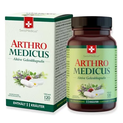 SwissMedicus ArthroMedicus Glucosamin & Chondroitin hochdosiert - 120 Kapseln mit MSM & Hyaluronsäure & mit 11 Kräuterextrakten, in Europa produziert