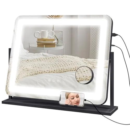 HOMCOM Schminkspiegel mit Beleuchtung - Tischspiegel mit 3 Lichtfarben, 10-fach Vergrößerung und USB-Ladeanschluss. Perfekte Beleuchtung für Ihr Make-Up und ideal für Tutorials.