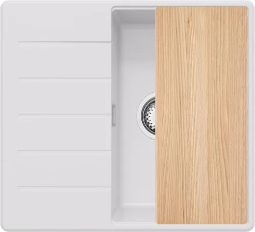 PRIMAGRAN Kopenhagen S281 Spülbecken Weiß 55x50cm - 1-Becken Granitspüle mit XL-Fassungsvermögen, ideal für Unterschränke ab 40 cm, inklusive Ablauf-Set und Schneidebrett für effizientes Arbeiten in der Küche.