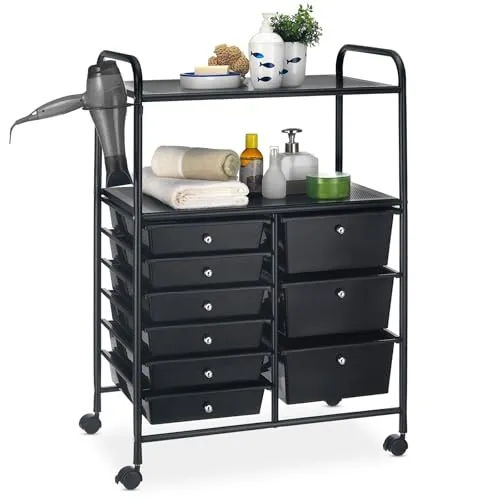 IDIMEX Beistellwagen MARITA - Beistellwagen für Kosmetik und Friseurbedarf, platzsparend mit 9 Fächern und elegantem schwarz/schwarz Design, ideal für Bad und Salon.