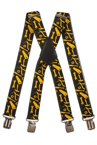 Olata Hosenträger mit Werkzeug-Muster – Robuste, Verstellbare X- und Y-Form, 5 cm Breit, Ideal für Arbeit und Alltag. Schwarz, X-Form - 5 cm