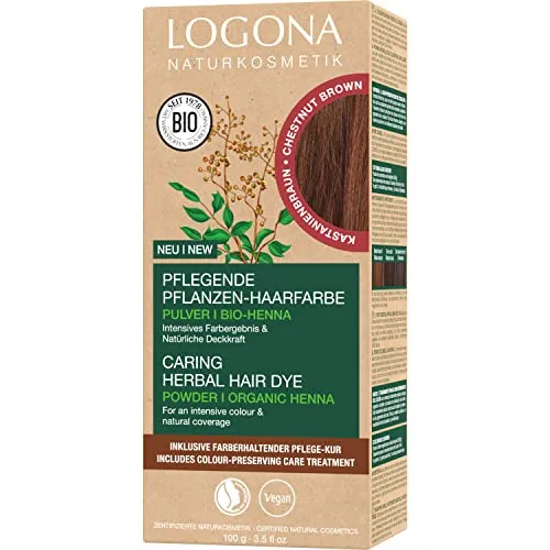 LOGONA Naturkosmetik Pflegende pflanzliche Haarfarbe, Veganes Haarfarbe-Pulver mit Bio-Henna für intensive Farbe und Glanz, Pflanzenhaarfarbe in Kastanienbraun (Braun), 1 x 100g