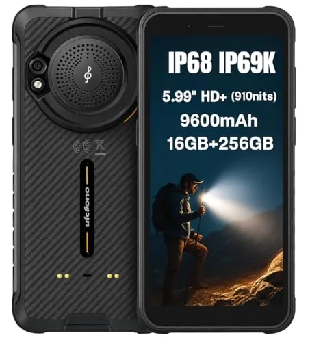 Ulefone RUGKING AI Outdoor Smartphone, Android 15 KI Anrufaufnahme, 126dB Lautsprecher, Blend-Taschenlampe, 9600mAh Akku, 50MP Kamera, 16GB+256GB, 5,99