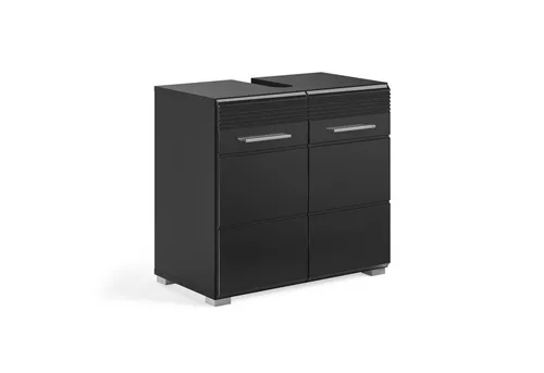 möbelando Waschbeckenunterschrank >Linus< in Schwarz Hochglanz - 60x56x34cm (BxHxT) - Moderner Waschbeckenunterschrank in elegantem Schwarz Hochglanz, ideal für Badezimmer oder Hauswirtschaftsraum. Bietet praktischen Stauraum und ist pflegeleicht für eine langanhaltende Optik.