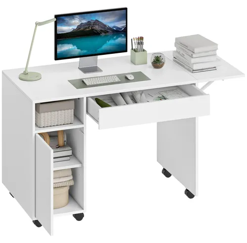 Computertisch Bürotisch, Rollbarer Schreibtisch klappbar mit Schrank und Schublade, Spanplatte Weiß | 40 kg | 6 Rollen mit Bremse | 130/100 cm