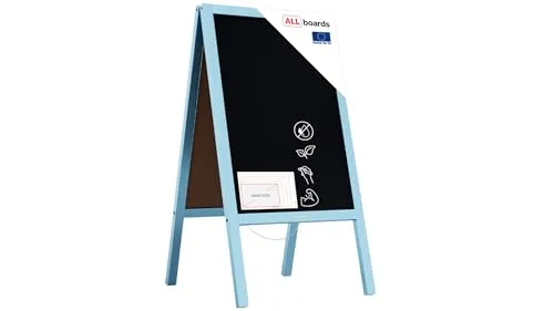 ALLboards Kundenstopper mit blauem Holzrahmen 118x61cm - Kreidetafeln für Gastronomie und Geschäfte, kratzfeste, beidseitig beschreibbare Oberfläche und leichter blauer Holzrahmen für ansprechende Werbung.