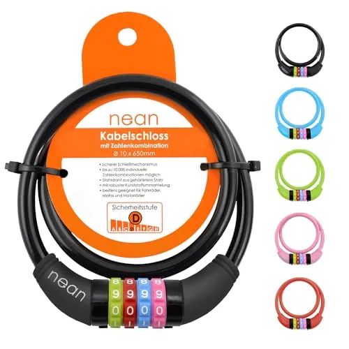 nean Fahrradschloss für Kinder, 10x650 mm, Zahlenschloss in bunten Farben - Fahrrad-Kabelschlösser, leicht bedienbar und ideal für Kinder, mit individueller 4-stelliger Zahlenkombination für hohe Sicherheit und farbenfrohe Auswahl.