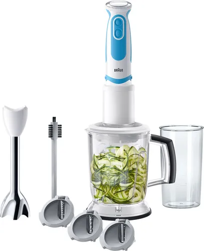 BRAUN Stabmixer MQ 5060 WHBL - Blau/Weiß - Stabmixer mit 750 W Motor und SPLASHControl Technologie für spritzfreies Mixen. Inklusive Spiralschneider-Aufsatz für schnelle Gemüsenudeln. Ideal für gesunde, selbstgemachte Speisen.