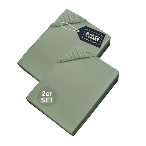 SCHÖNER WOHNEN Spannbettlaken 140x200cm 2er Pack Grün - Bettlaken aus hochwertiger Jersey-Baumwolle, Öko-Tex zertifiziert, atmungsaktiv und fusselfrei – für höchsten Schlafkomfort und eine perfekte Passform auf Matratzen bis 30 cm.