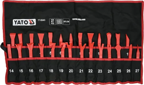 Yato YT-08443 Karosseriereparaturwerkzeug 27-teilig - Wagenheber und Montagewerkzeugset mit 27 hochwertigen Nylon-Teilen, ideal zum schonenden Entfernen von Polstern und Verkleidungen ohne Kratzer. Praktische Tragetasche für einfachen Transport und Lagerung.