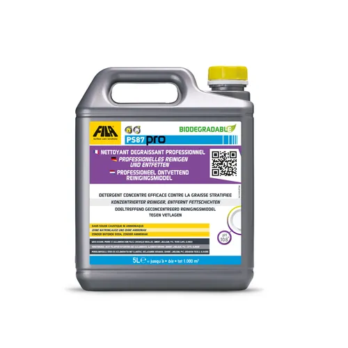 FILA PS87 PRO - Fett- Wachs- Schmutz- Epoxidlöser 5 Liter - Reinigungsmittel zur Grundreinigung von Feinsteinzeug, Keramik und Naturstein. Entfernt hartnäckige Flecken und Wachsreste, ohne die Oberflächen zu beschädigen. Ideal für ein strahlend sauberes Zuhause.