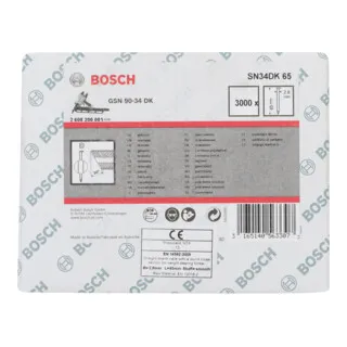 Bosch Streifennägel SN34DK 65 - 3000 Stück, 34 Grad, Glattschaft - Tackernägel mit Kunstharzbeschichtung für bessere Gleiteigenschaften und Korrosionsbeständigkeit, ideal für feuchte Umgebungen. 34 Grad Neigungswinkel minimiert Verwicklungen.