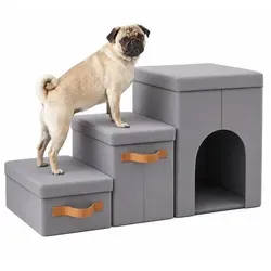 Relaxdays Faltbare Hundetreppe mit 3 Stufen in Hellbraun/Grau