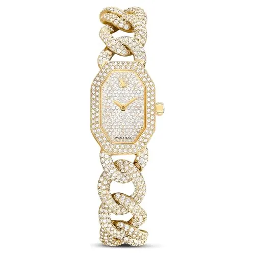 Swarovski Dextera Kettenuhr Swiss Made - Luxuriöse Damenarmbanduhr mit goldfarbenem Finish und Kristallen im Zifferblatt, hergestellt in der Schweiz.