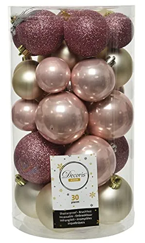 ETC 30er Set Kugelmix PVC mit Weihnachtskugeln Baumschmuck bruchfester Christbaumschmuck (puderrosa/samtpink/Perle)