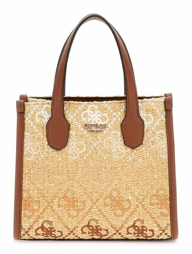 GUESS Women Silvana 2 COMP MINI Tote Hand Bag, Cognac-Logo
