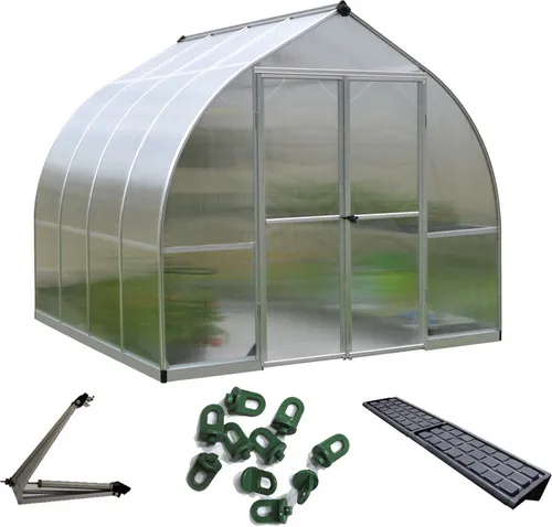 Palram - Canopia Aluminiumgewächshaus Bella 88 Sparset | Silber - Gartenwerkzeuge: Innovatives Gewächshaus mit Zwiebelform, UV-sicheren Polycarbonatplatten und automatischem Fensteröffner für optimale Pflanzenbedingungen und einfache Montage.