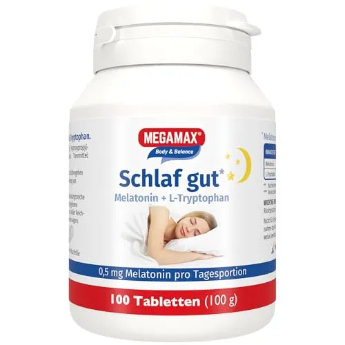 MEGAMAX Schlaf gut Melatonin+ L-Tryptophan (0,5 mg Melatonin pro Tagesdosis)-Einschlafhilfe für besseres Durchschlafen mit hochdosiertem Melatonin für eine Gute Nacht