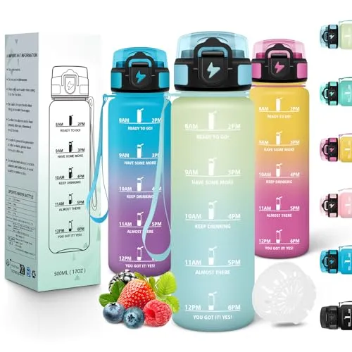 Motswedi Trinkflasche Sport, 500ml BPA-Frei, Trinkflasche Kohlensäure Geeignet, Auslaufsicher, Wasserflasche, Mit Zeitstempel, Flasche, Sportflasche, für Yoga, Schule, Fitness, Offwhite Hellblau