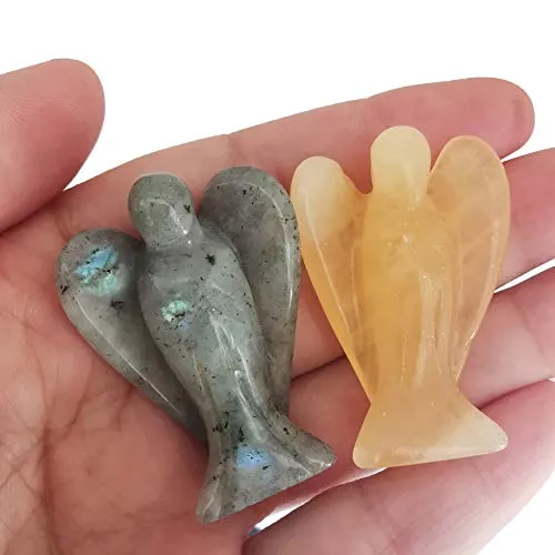 Lovionus89 Mini Kristall Engel, 2 STK Tasche Geschnitzt Edelstein Wächter Figuren Heilung Statue Zuhause Dekor 1,5 Zoll, Gelber Achat + Mondsteine