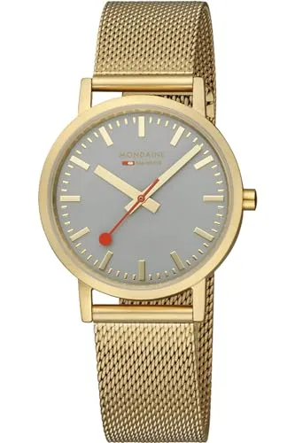 Mondaine Damen Analog Quarz Uhr A660.30314.80SBM - Elegante Armbanduhr für Damen mit goldenem Edelstahlgehäuse und grauem Ziffernblatt. Wasserdicht bis 3bar und ausgestattet mit präzisem Quarz-Uhrwerk.