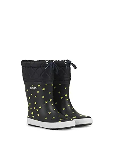 Aigle Giboulee Pt 2 Gummistiefel, Mehrfarbig mit Goldherzen, 34 EU - Gummistiefel für Kinder mit kuscheligem Kunstfellfutter, ideal für kalte und regnerische Tage, aus hochwertigem Naturkautschuk gefertigt.