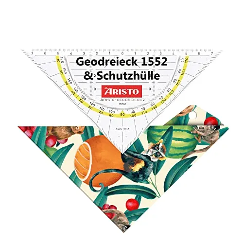 Aristo AR18001B Geodreieck AR1552 mit passender Geocover Schutzhülle tropic life (Dreieck Hypotenuse 16 cm, Tuschenoppen und Facetten, Hülle mit Lochung zum Abheften) mehrfarbig, transparent