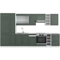 Vicco Küchenzeile Fame-Line, Grün-Gold Landhaus/Weiß, 355 cm - Küchenzeilen mit flexiblen Konfigurationsmöglichkeiten, hochwertige MDF-Fronten und Soft-Close-Scharniere für leises Schließen.