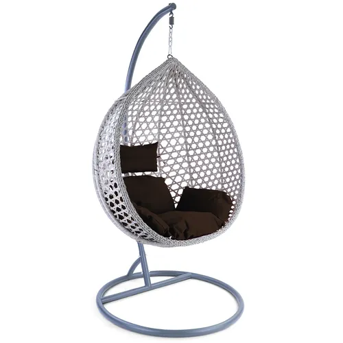 Luxus Hängesessel Style XXL - Polyrattan Korb in Grau mit Dunkelbraunem Kissen - Hängematten: Gemütlicher Hängesessel aus robustem Polyrattan, ideal zum Entspannen und Relaxen im Garten oder auf der Terrasse.