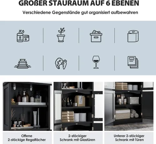 Badschrank mit Glastüren 2 offenen Fächern und verstellbaren Regalen Schwarz