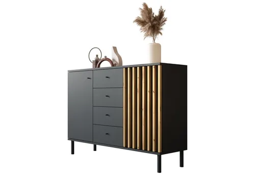 Newroom Sideboard Ebono, Anthrazit - Modernes Sideboard mit 2 Türen und 4 Schubladen, ideal für stilvolle Aufbewahrung im Wohnzimmer. Perfekt für Vintage- und moderne Einrichtungsstile.