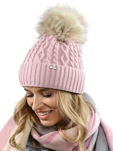 Damen-Wintermütze in Rosa mit Bommel, warme Fleecemütze PL