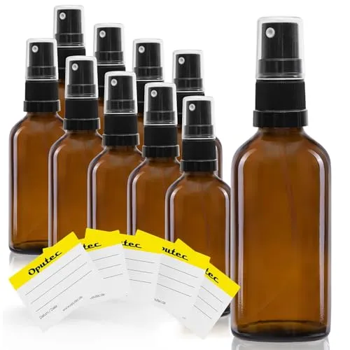 Oputec 10 x 30 ml Sprühflaschen aus Glas mit Zerstäuber + 10 Beschriftungs-Etiketten - Braunglasflaschen mit feinem Sprühkopf - Kleine Pumpspray-Flasche - Made in Germany