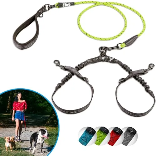 SparklyPets Doppelleine für 2 kleine Hunde, verhedderungsfreies Seil, Bungee-Doppelleine für Zwei kleine Hunde, mit verstellbaren Kupplungen und weichem Griff, Grün, Größe S