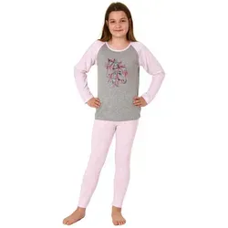 Normann Pyjama Mädchen Schlafanzug langarm, Pyjama mit süßem Pferde-Motiv grau 164