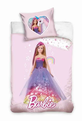 Carbotex Barbie Kinderbettwäsche für Babybetten 100x135 cm + 40x60 cm - Bettwäsche-Set für Babybetten mit zauberhaftem Barbie-Design, sorgt für süße Träume und ein fröhliches Kinderzimmer.