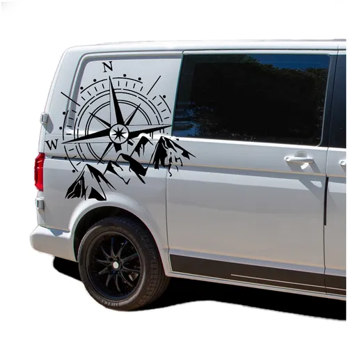 Produktbild Aufkleber Set Kompass Berge 60x56cm Sticker Auto Wohnwagen Camper KX072 Schwarz